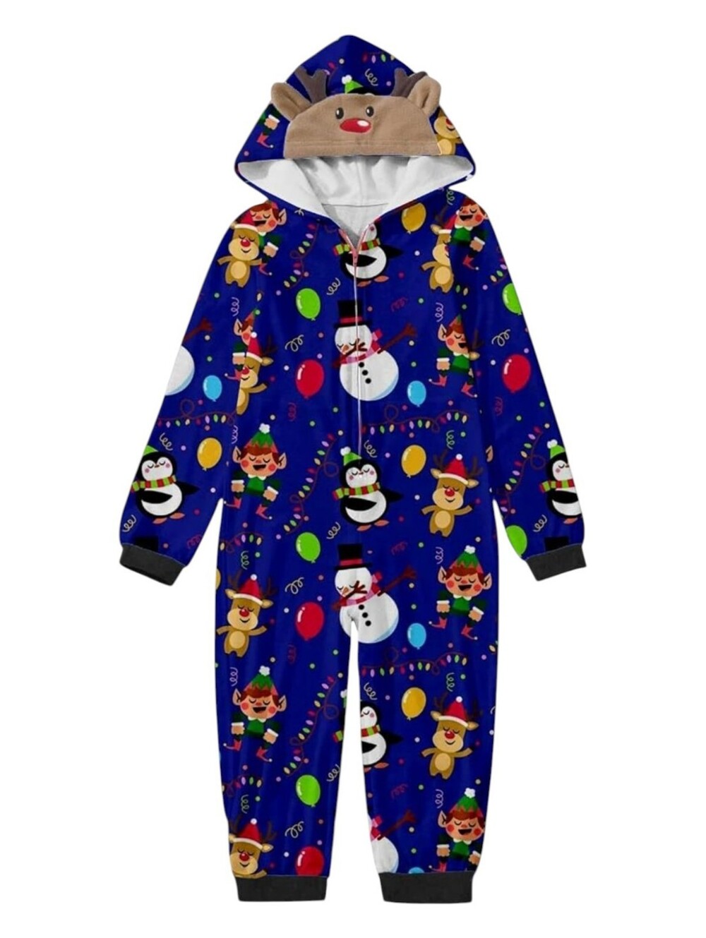 Couple Holiday Hooded Onesie - Blue Reindeer & Snowman Print